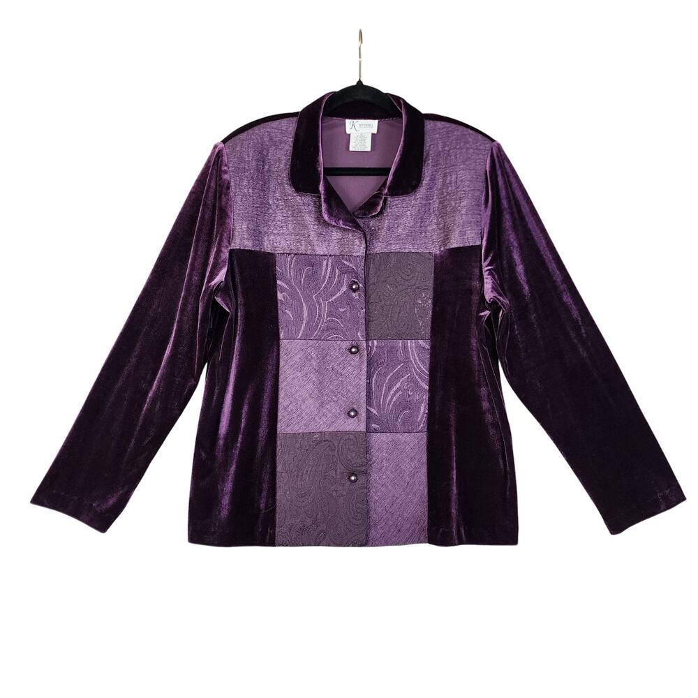 K Studio Womens Vintage Purple Velvet Patchwork Button-Up Blouse Plus‎ Size 14